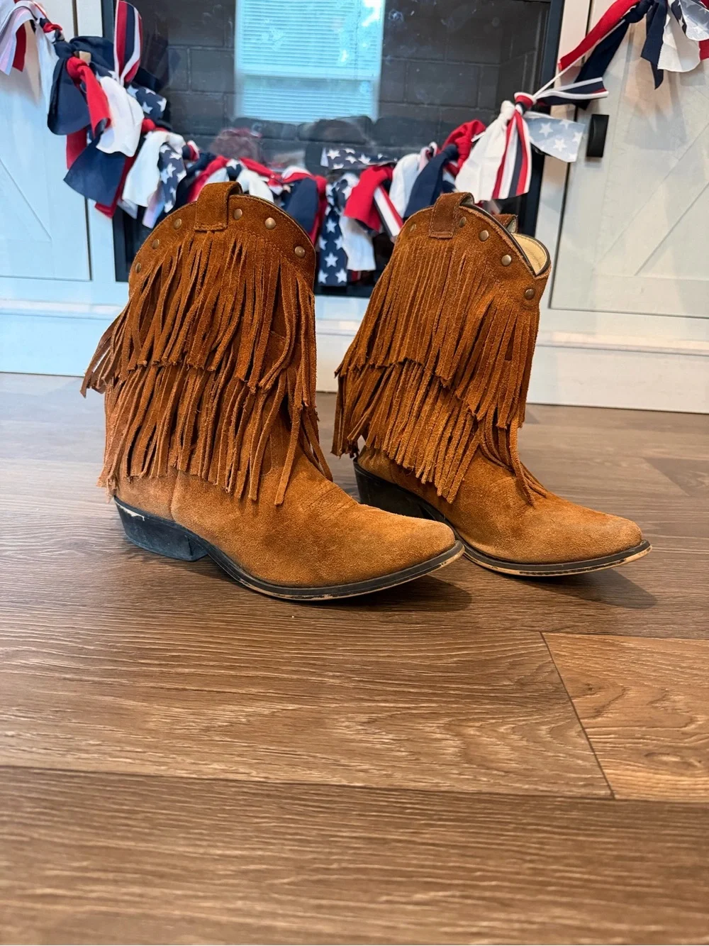 Girls Fringe Suede Western Ankle Boots - Brown